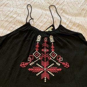 Kori Boho Sundress Black with Pink Embroidery